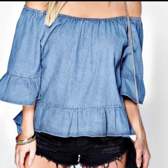Jane & Delancey Chambray Off Shoulder Ruffle Top - Picture 1 of 5